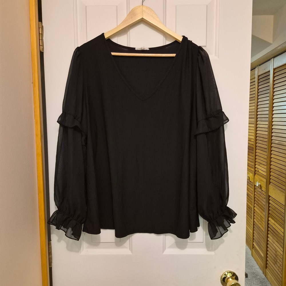 Maurices Women 2X Black Chiffon Ruffle Sleeve VNeck Blouse Top Sheer Long Sleeve